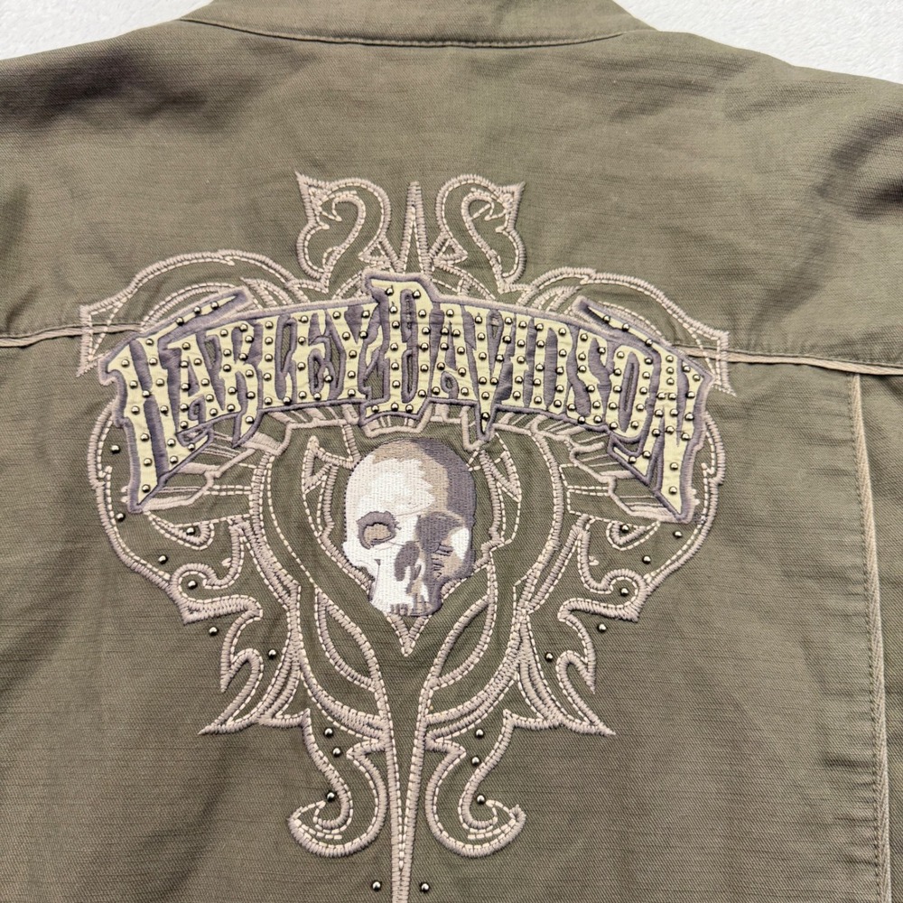 Harley Davidson Jacket Womens XL Green Skull Studded Moto Cafe Racer Biker - Picture 7 of 16